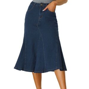 Casual Denim High Waisted A-Line Flared Midi Skirt
